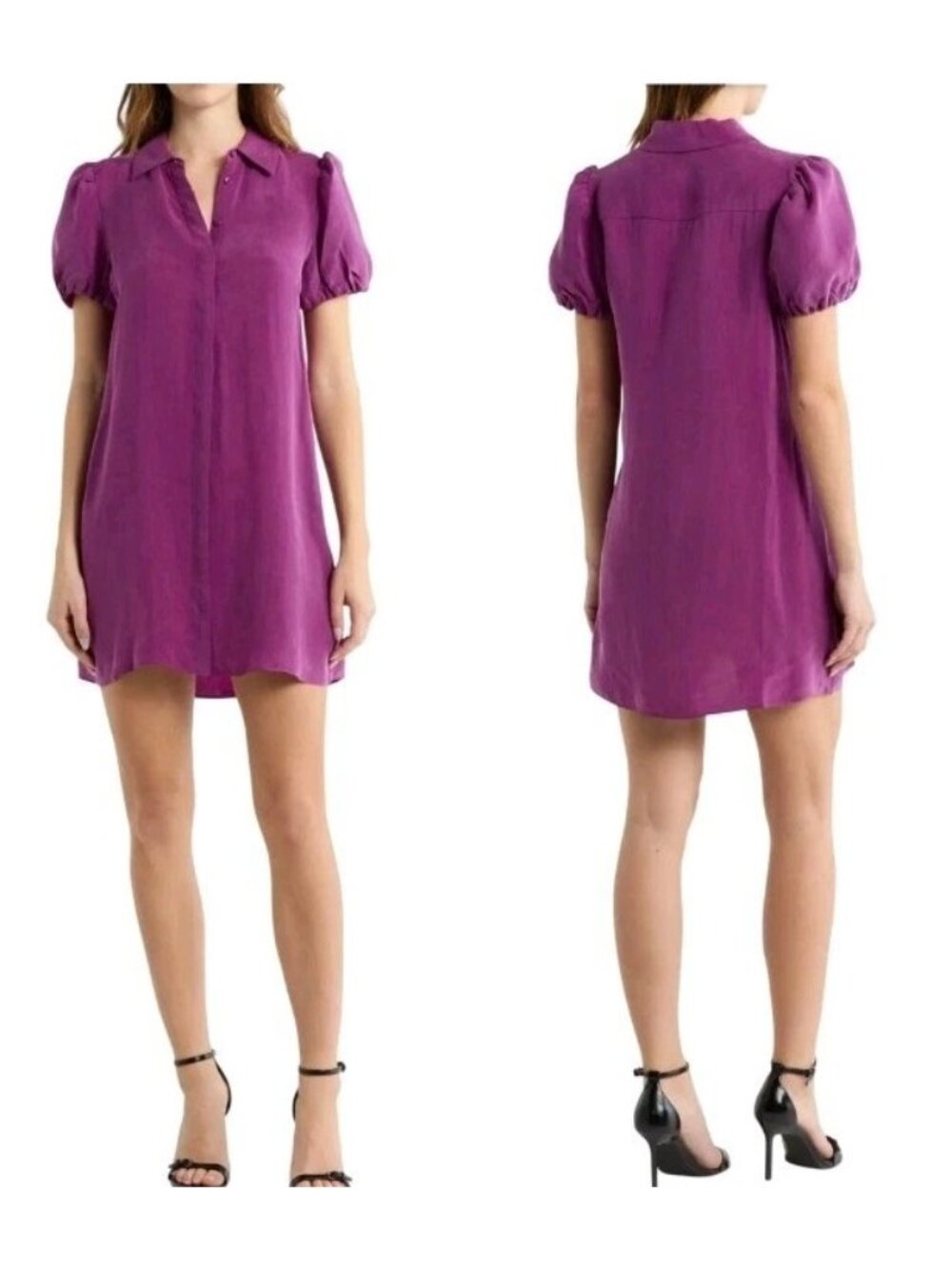 NWT Alice + Olivia Jem Puff Sleeve Shirtdress Boysenberry Purple Cupro Small